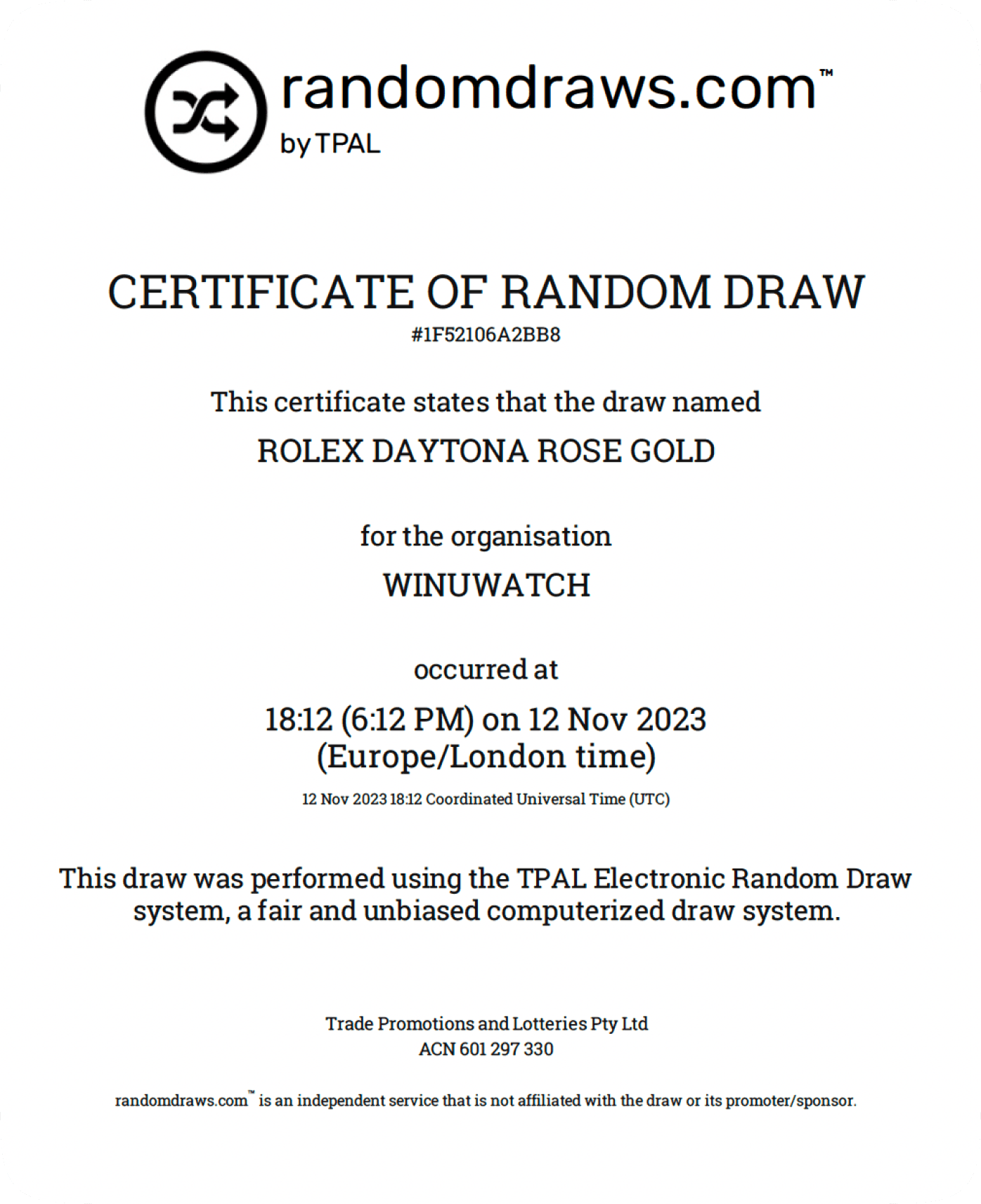 randomdraws certificate